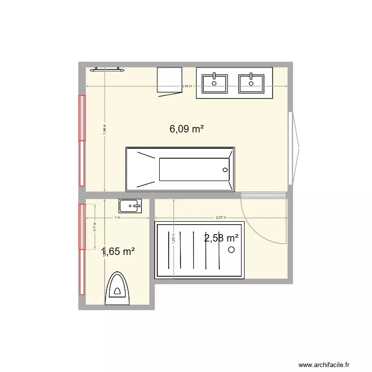 salle de bain baignoir angle. Plan de 3 pièces et 10 m²