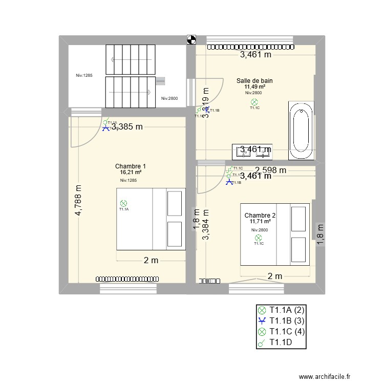 Lessines 1/2 Etage + Etage. Plan de 3 pièces et 39 m2