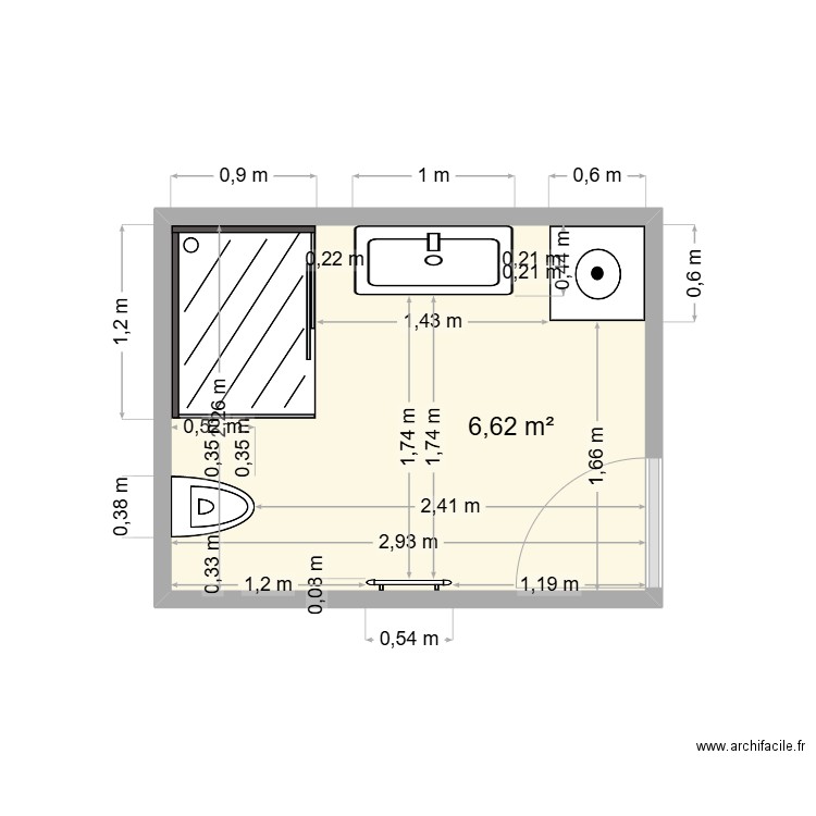 SDB RDC. Plan de 1 pièce et 7 m2