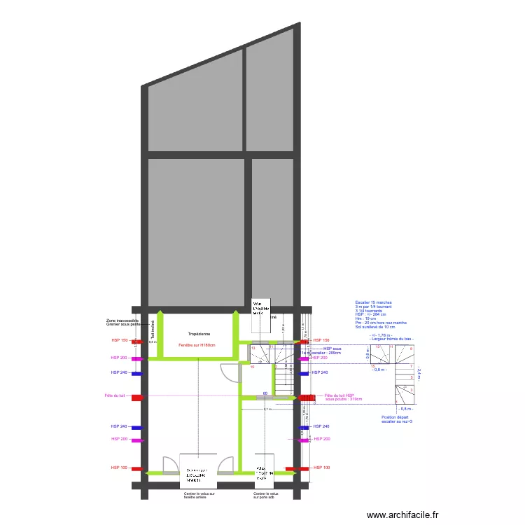 BAUCQ 77 4e &eacute;tage Escaliers/Tr&eacute;mie. Plan de 9  et 89 m²