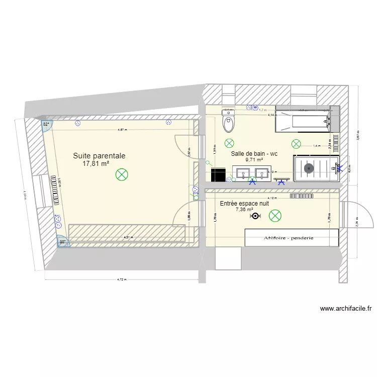 Suite parentale Couloir 2021 version 2. Plan de 3  et 35 m²