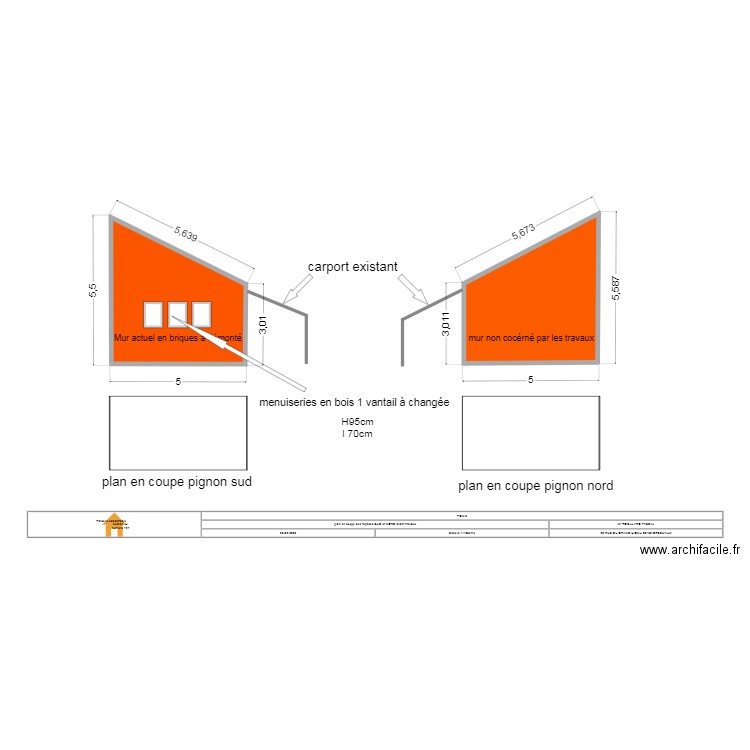 Facade sud et nord. Plan de 2 pièces et 39 m2