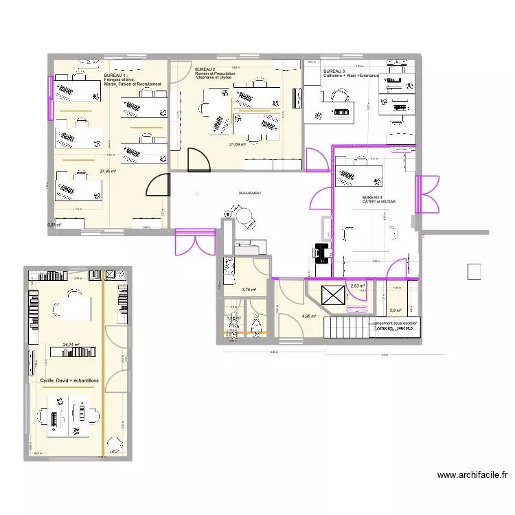 PROJET  8- BUREAUX/WC/DEGAGEMENTS RDC. Plan de 9  et 93 m²