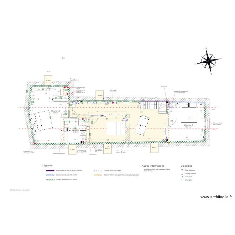 Combles v retenue - etude nouvelle chambre. Plan de 13 pièces et 73 m2