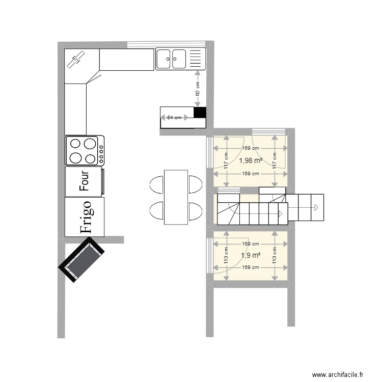 cuisine. Plan de 3 pièces et 5 m2