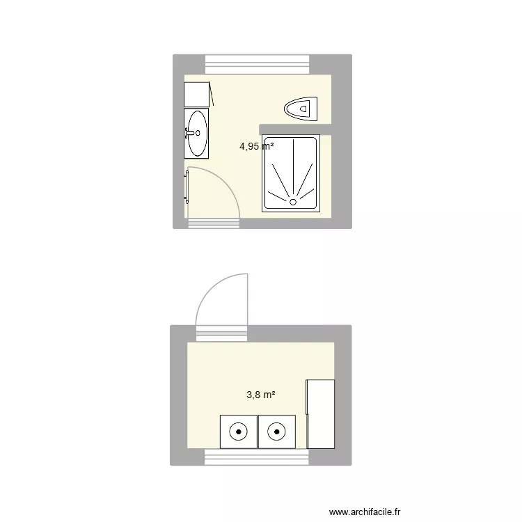 cuisine1. Plan de 2  et 9 m²