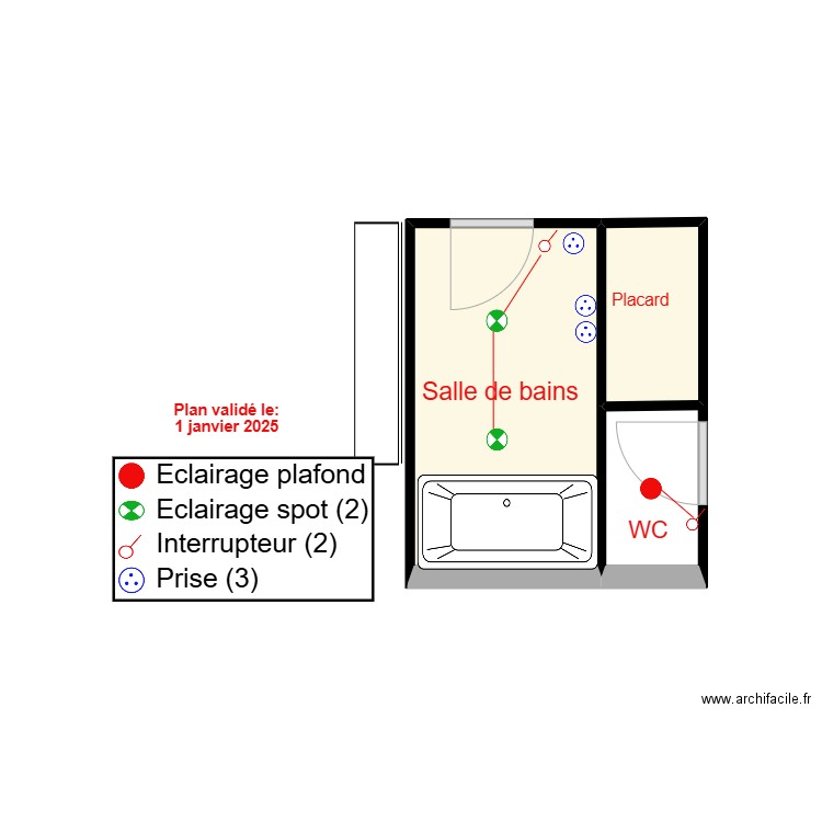 ELECTRICITE WC et SDB. Plan de 2 pièces et 6 m2