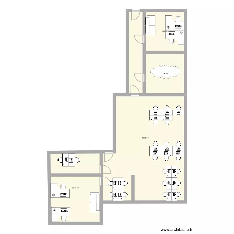bureau actuel. Plan de 4 pièces et 138 m²