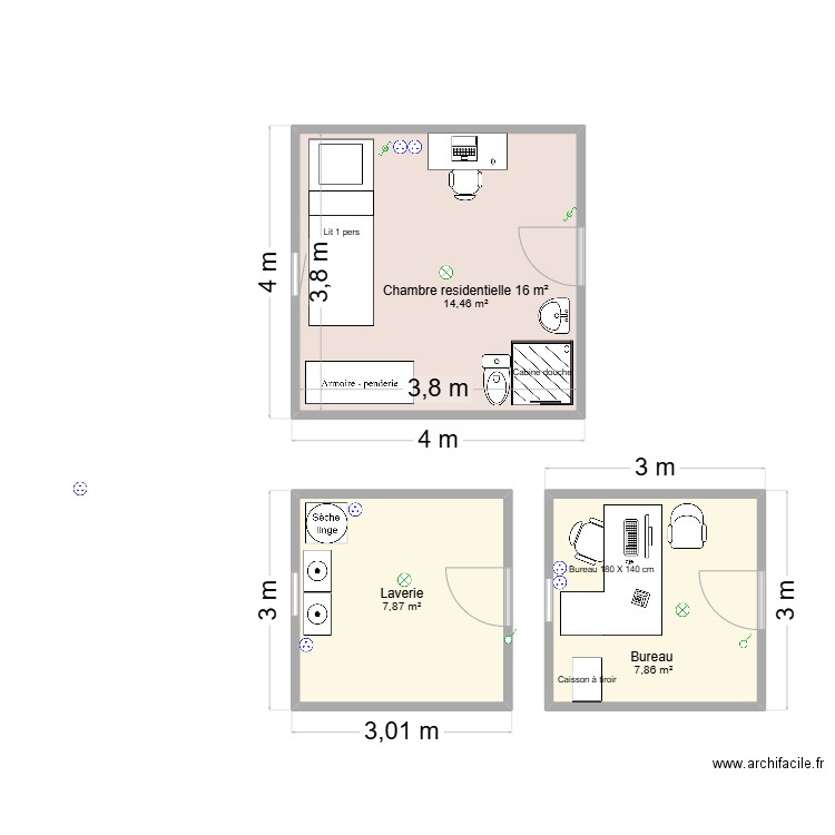 Chambre residentielle. Plan de 3 pièces et 30 m2