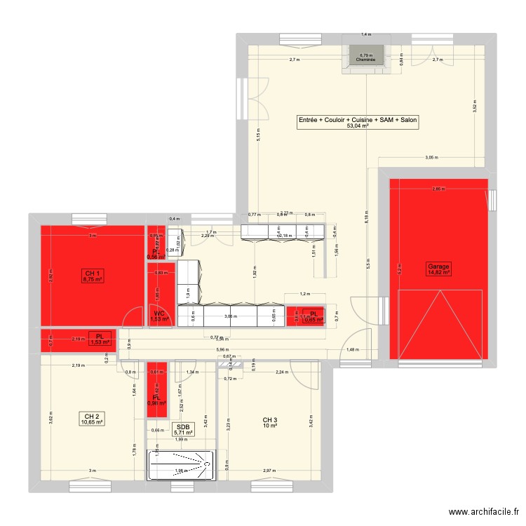 Bouloc-Chauffage. Plan de 12 pièces et 108 m2