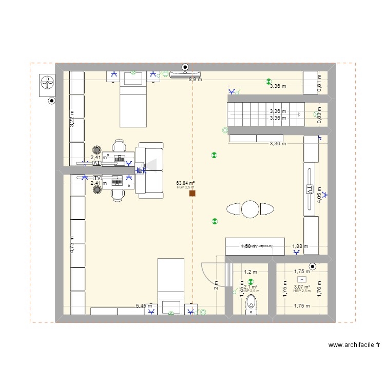 Clouange comble. Plan de 3 pièces et 69 m2