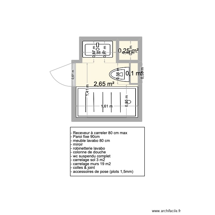 SDB Paillette. Plan de 3 pièces et 3 m2