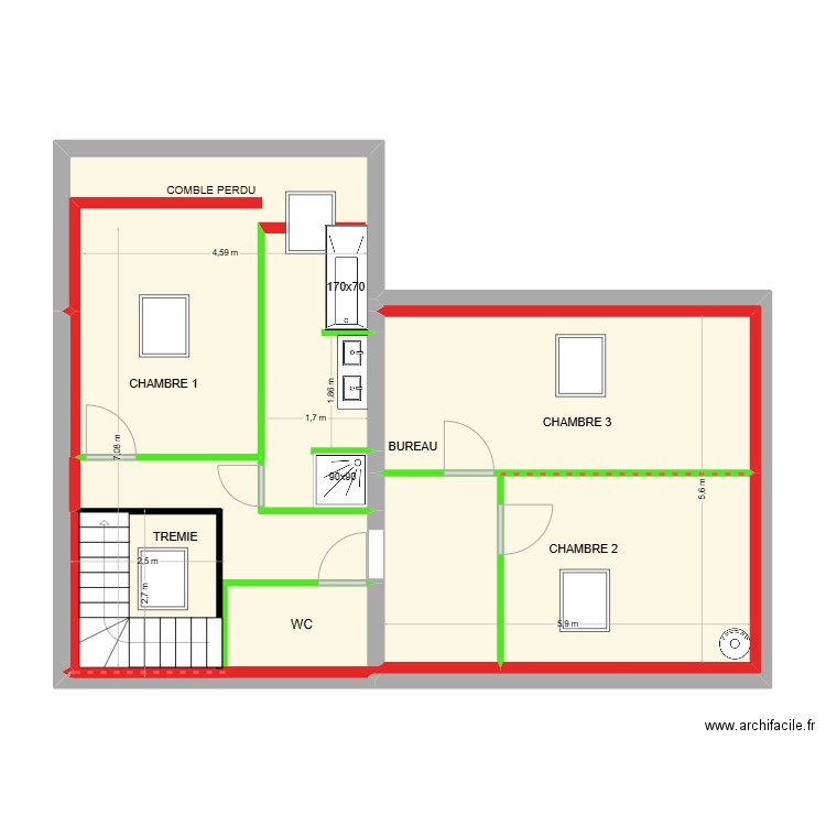 CLAVEAU LOGEMENT 2 ETAGE 2EME SOLUTION. Plan de 10 pièces et 66 m2