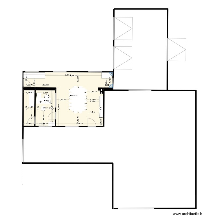 bureaux. Plan de 3 pièces et 53 m2