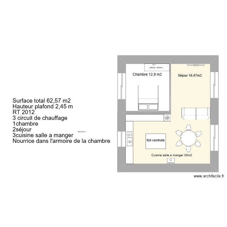 Plancher chauffant. Plan de 1 pièce et 39 m2