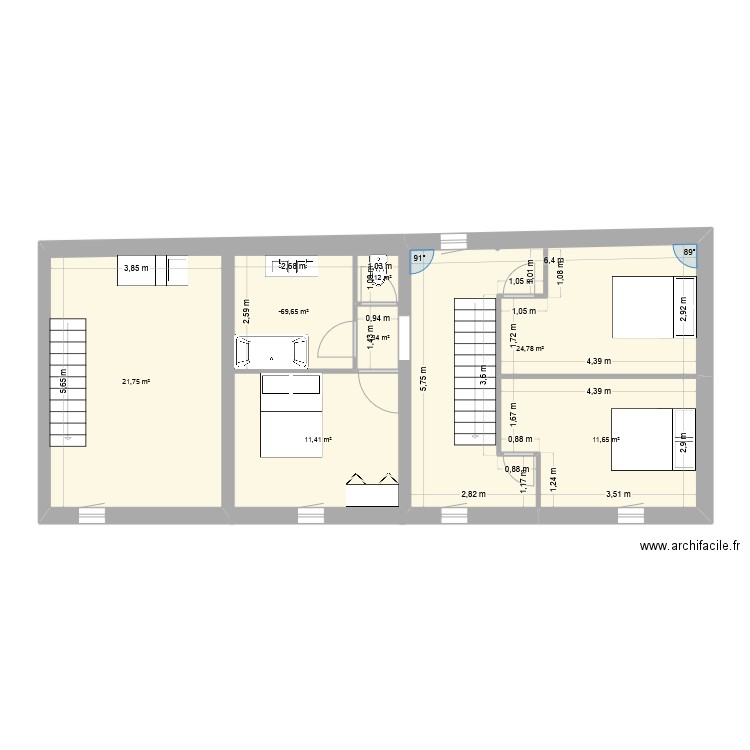 étage gite. Plan de 7 pièces et 79 m2
