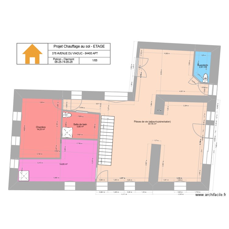 Etage sans mezzanine pour chauffage (murs + iso 65 cm). Plan de 5 pièces et 105 m2