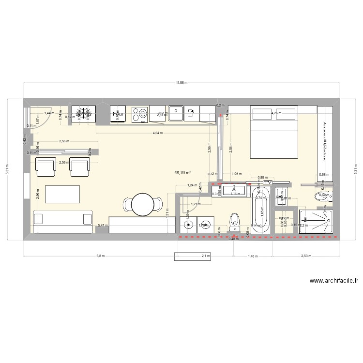 2-HO-1. Plan de 2 pièces et 52 m2