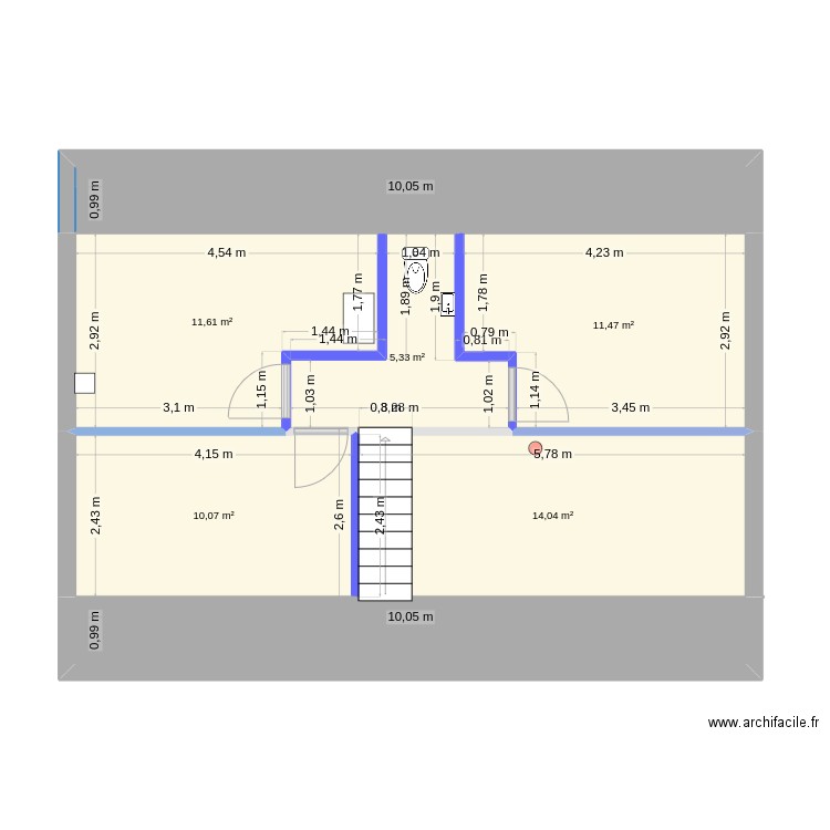 Haut. Plan de 7 pièces et 72 m2