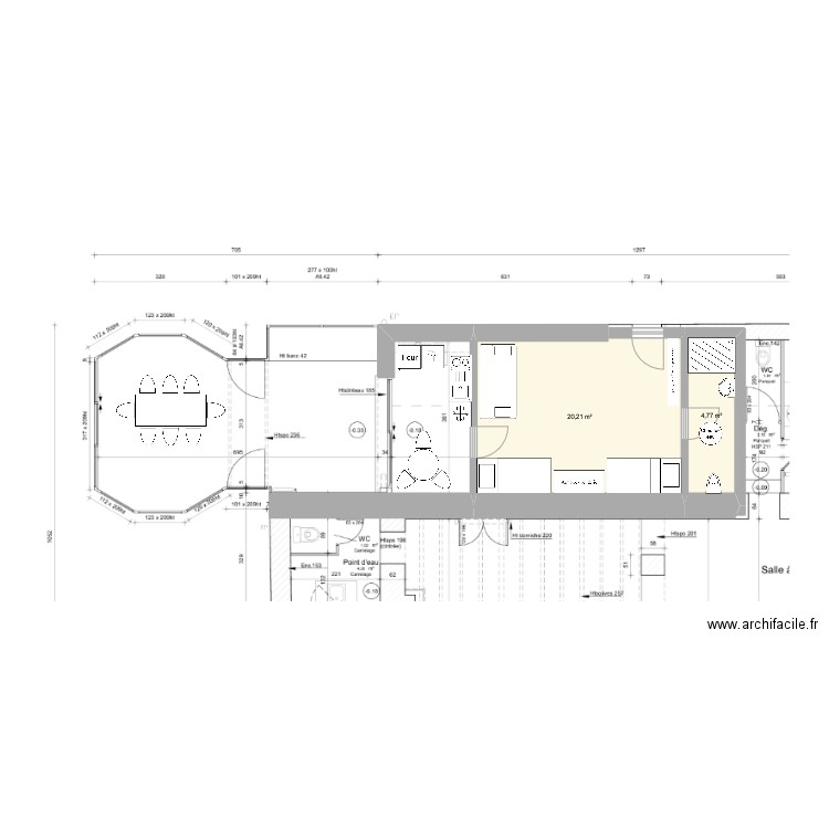 communs. Plan de 2 pièces et 25 m2