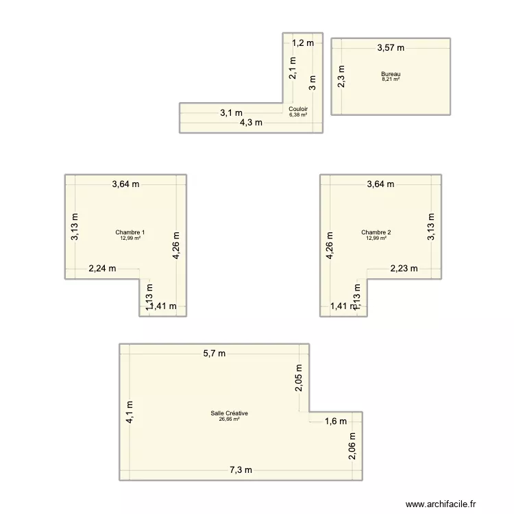 Etage. Plan de 5 pièces et 67 m²
