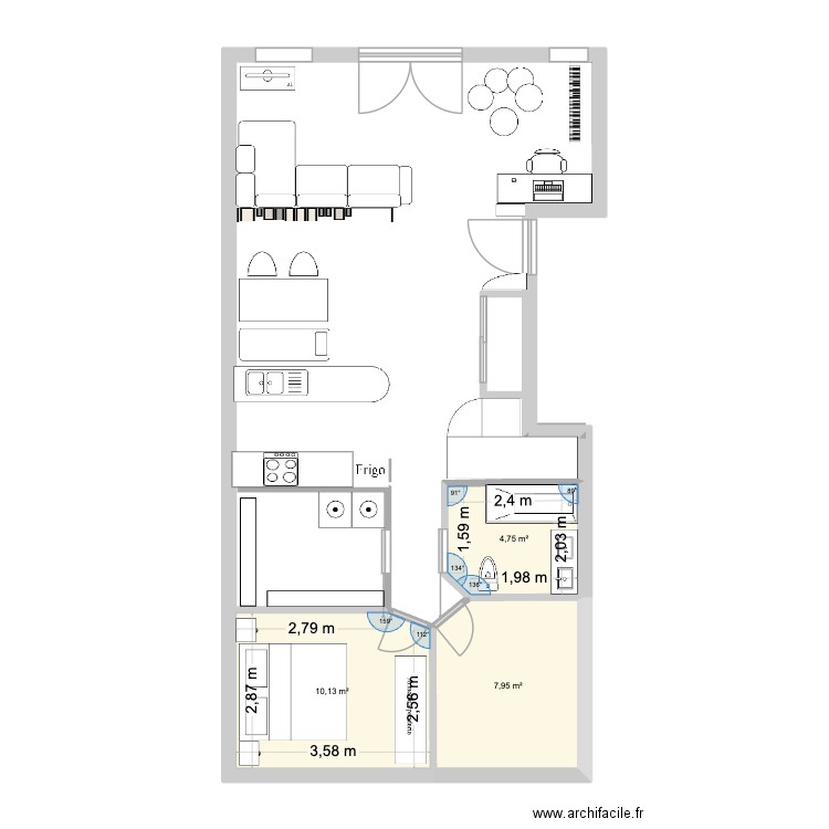 Chez Nicolas - V2. Plan de 3 pièces et 23 m2