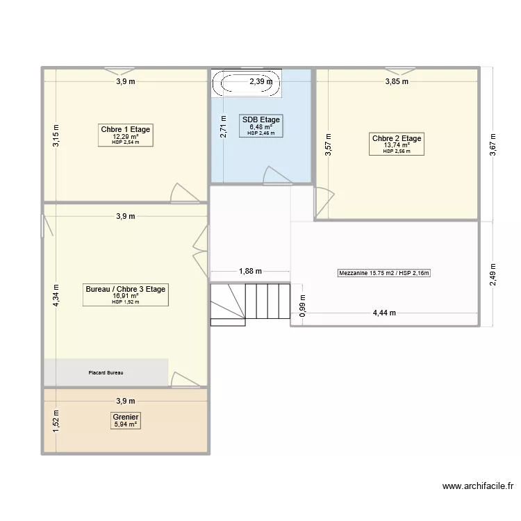 Vendays Etage. Plan de 5 pièces et 55 m²