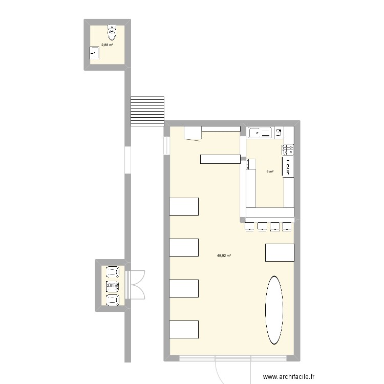 RDC Hédone. Plan de 4 pièces et 62 m2