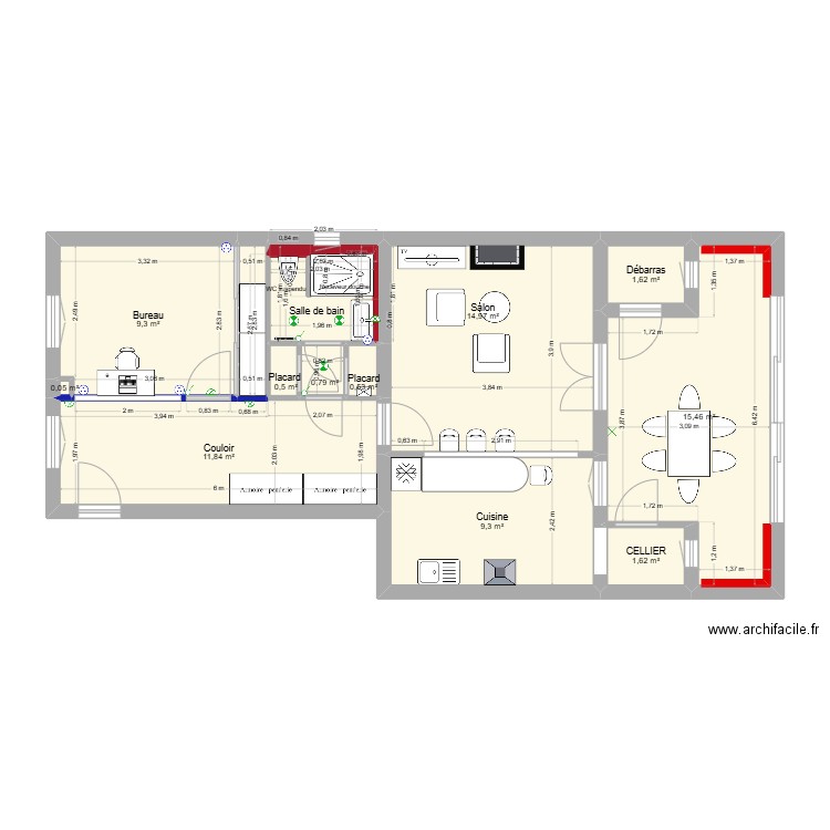 CABRERA RDC implantation électrique. Plan de 13 pièces et 71 m2