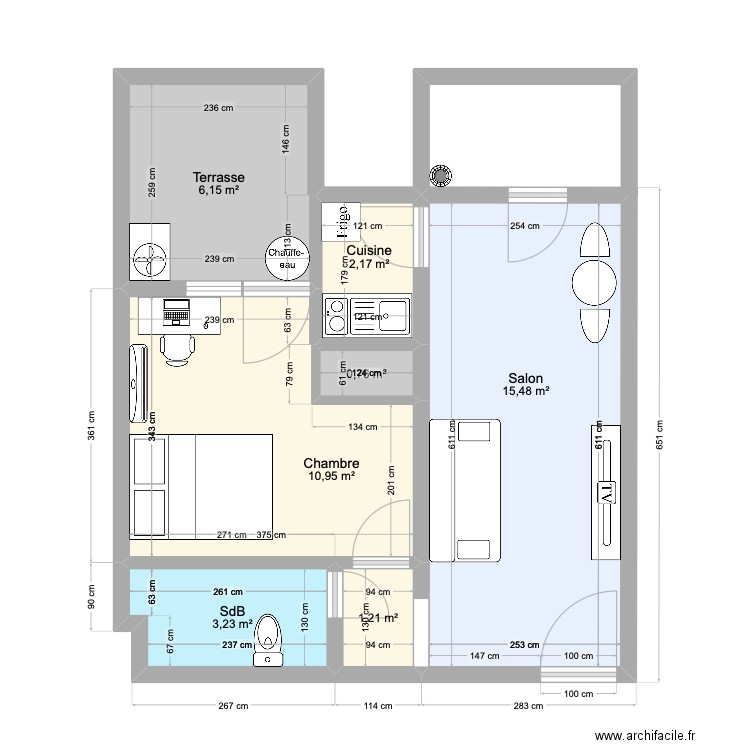 1 chambre salon. Plan de 7 pièces et 40 m2