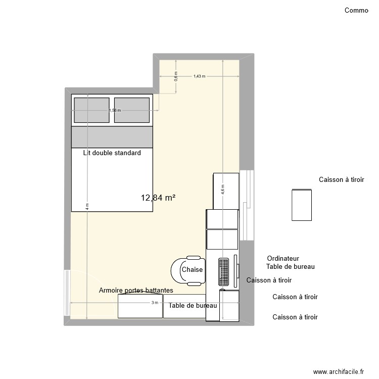 chambre 01. Plan de 1 pièce et 13 m2