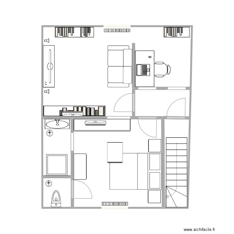 Chambre & salon accès garage. Plan de 4 pièces et 37 m2