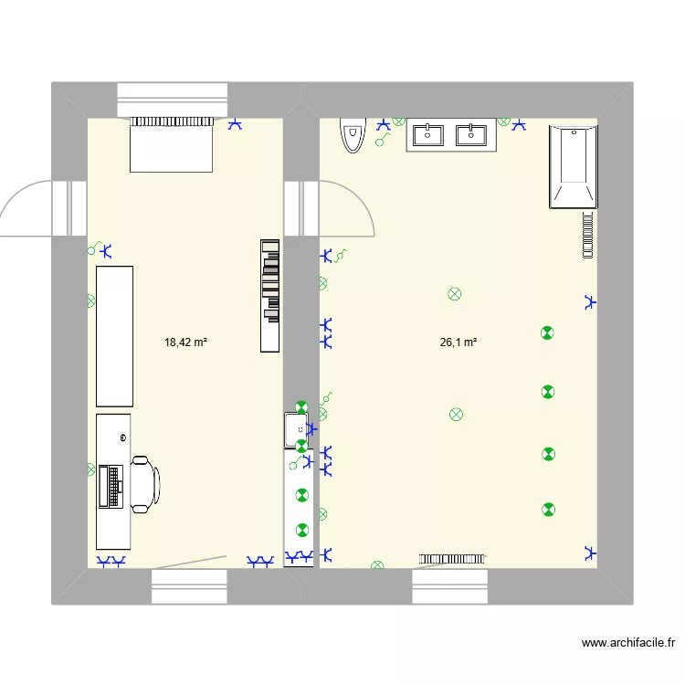 Bureau + sdd + chambre. Plan de 2  et 45 m²