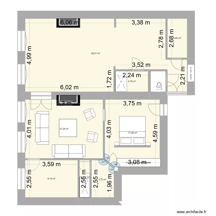 plan appart non meubl&eacute;. Plan de 8  et 105 m²
