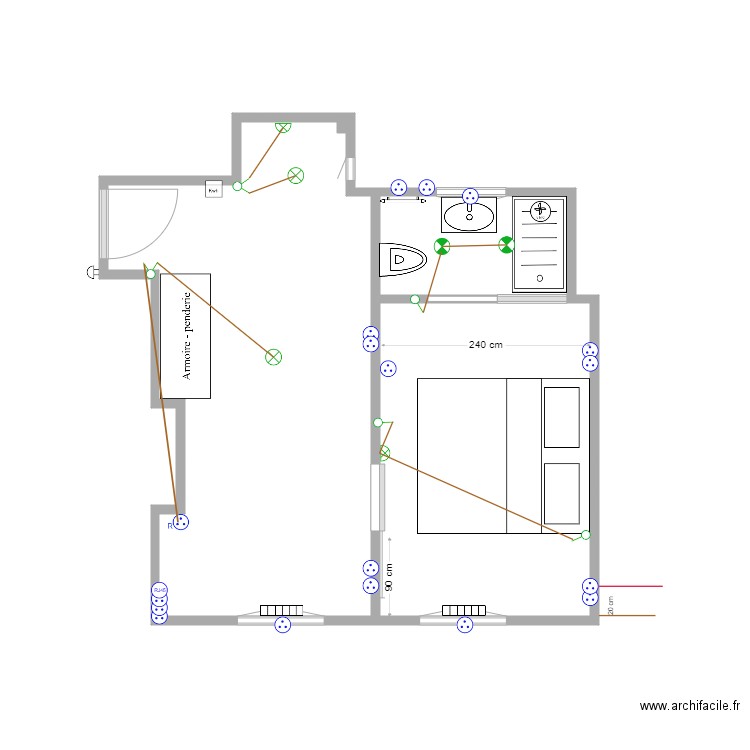 Plan aménagé  Coronat  V 1.1. Plan de 3 pièces et 24 m2