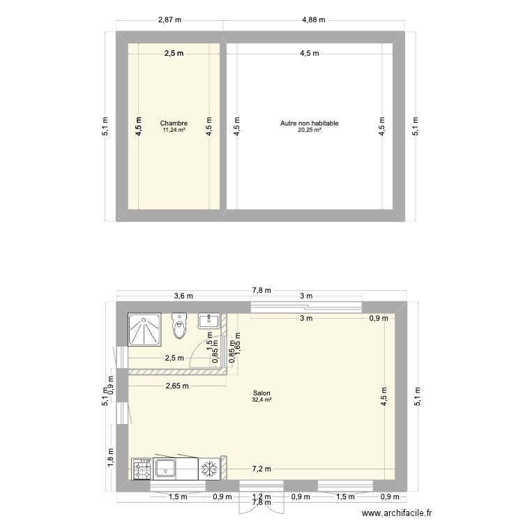 Plan 1. Plan de 3 pièces et 64 m2
