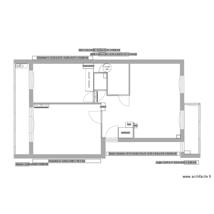 appart_54m2_2_chambres. Plan de 4 pièces et 21 m2