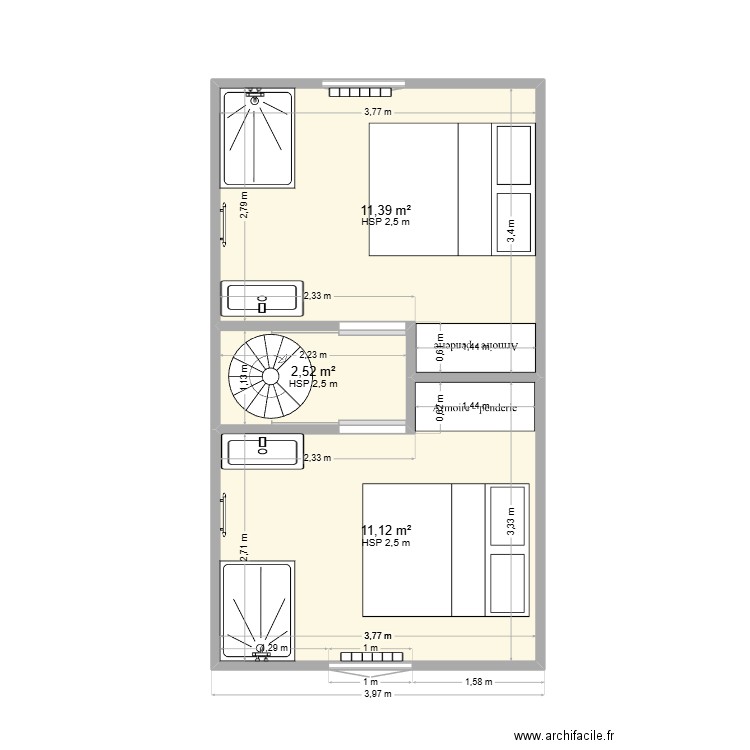 RDC-ESPACE SPA-ELEC. Plan de 3 pièces et 25 m2