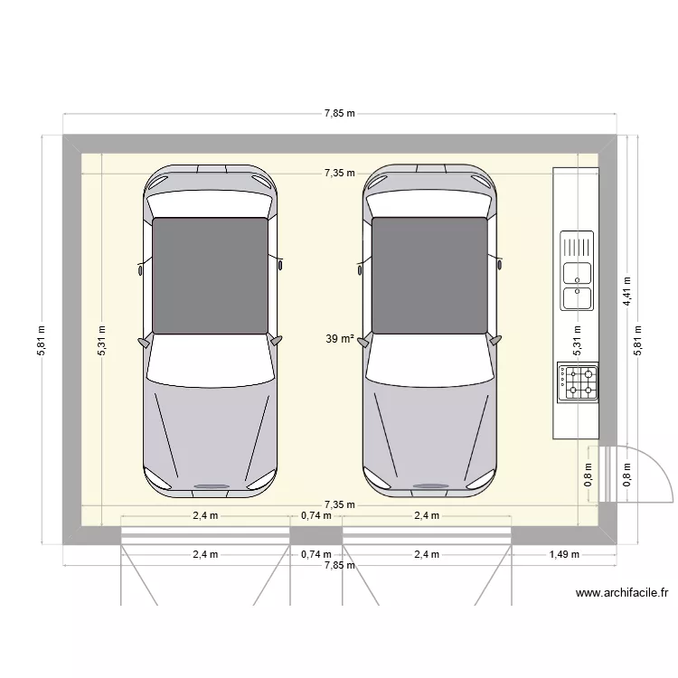 garage 2 voitures hartza. Plan de 1 pièce et 39 m²