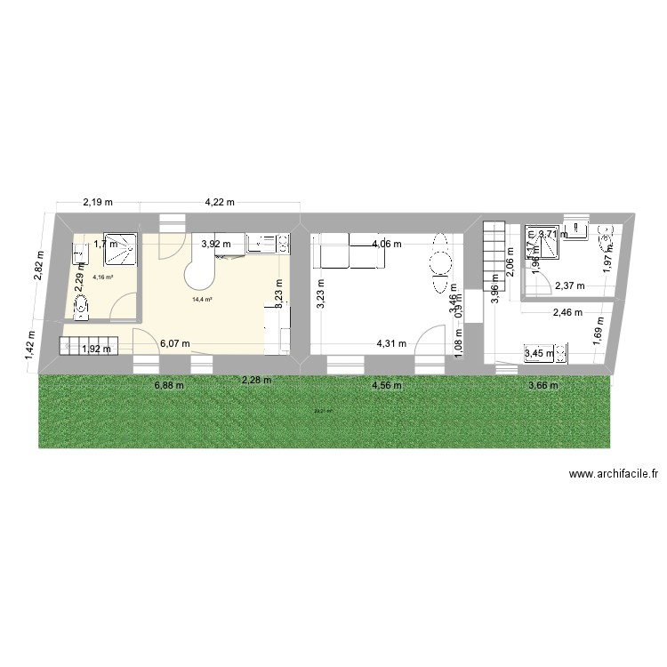 Aménagement studio. Plan de 2 pièces et 19 m2