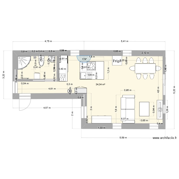 archifacile. Plan de 1 pièce et 34 m2