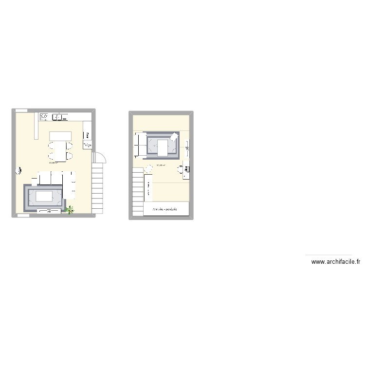 Mezzanine salon. Plan de 2 pièces et 73 m2