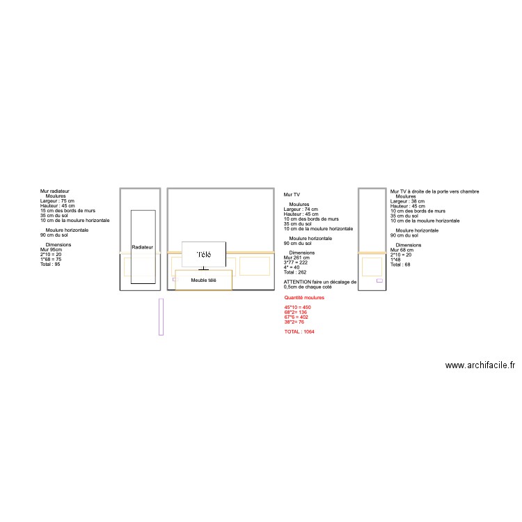 MOULURES N°4 - Modèle mur TV - Esp. 10cm. Plan de 3 pièces et 11 m2