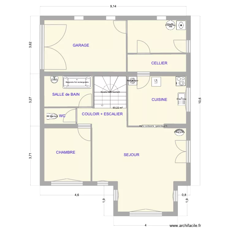 Rez de chauss&eacute;e Option 1. Plan de 1 pièce et 93 m²