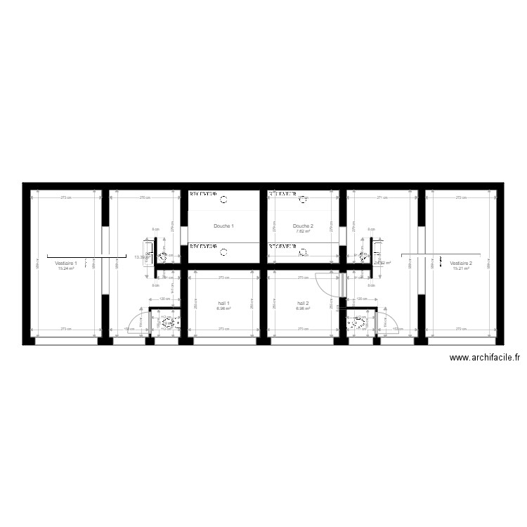 vestiaire 1 & 2. Plan de 9 pièces et 89 m2