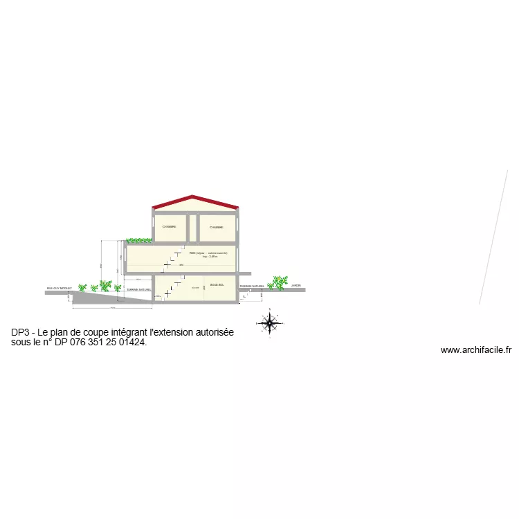 Plan de coupe DP 076 351 25 01 424. Plan de 6  et 65 m²