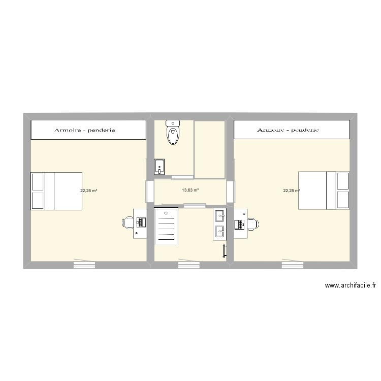 maison étage. Plan de 3 pièces et 58 m2