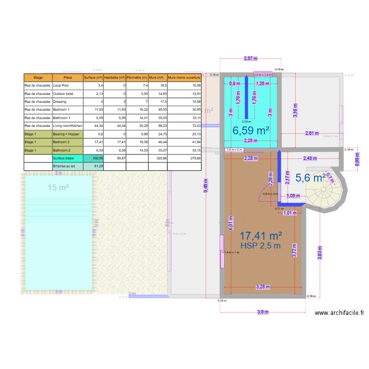 Villa Model V2 R+1 1Chambre sans Solarium Cotation. Plan de 9 pièces et 101 m2