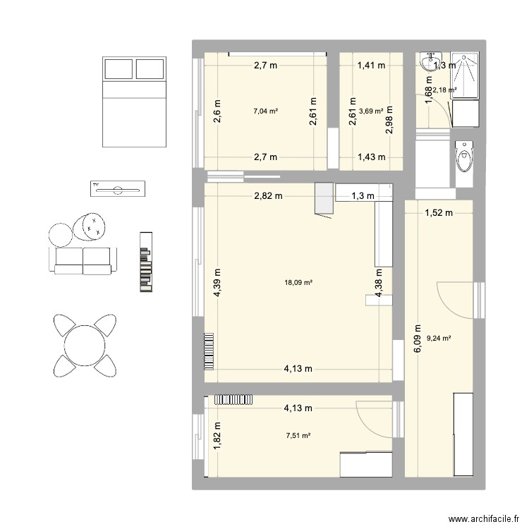 appart. Plan de 6 pièces et 48 m2