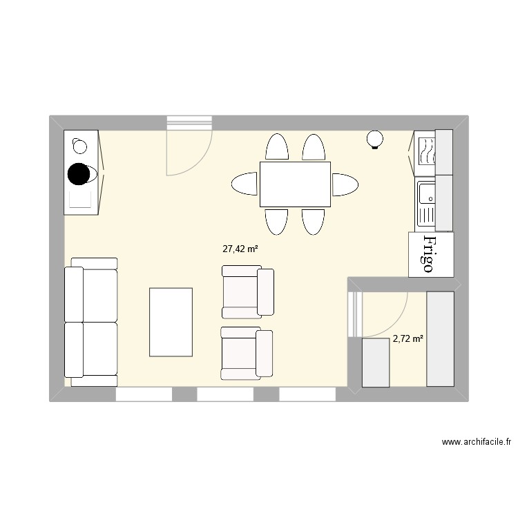 Salle de pause. Plan de 2 pièces et 30 m2
